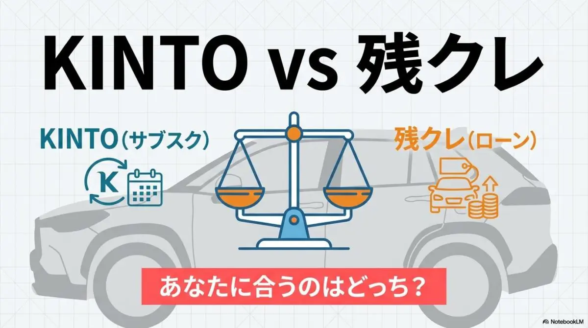 KINTOと残クレを天秤にかけた比較イメージ。この記事のテーマである「カローラクロス KINTO 残クレ 違い」を視覚化し、最適な選択を促す理知的な一枚。