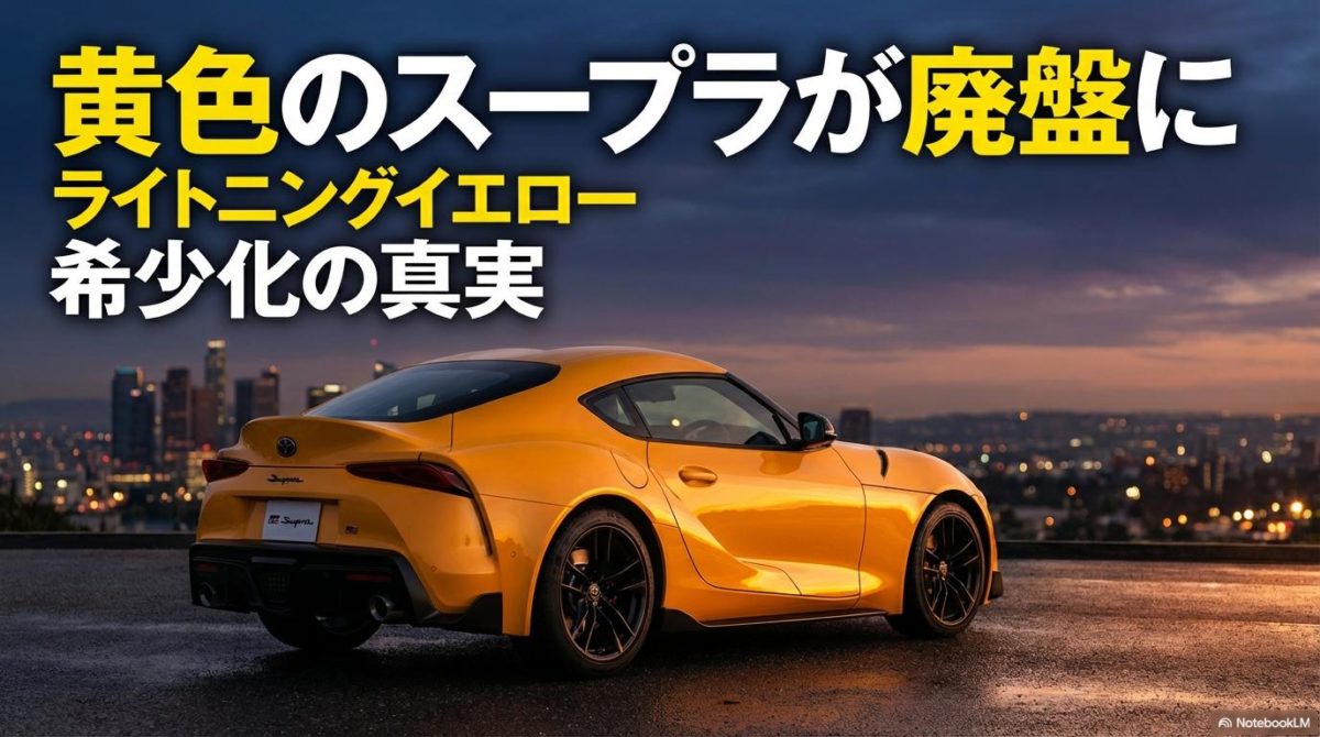 夕暮れの街に輝くライトニングイエローのスープラ。この記事のテーマである「スープラ 黄色」の廃盤というニュースと、その鮮烈な存在感を象徴する一枚。