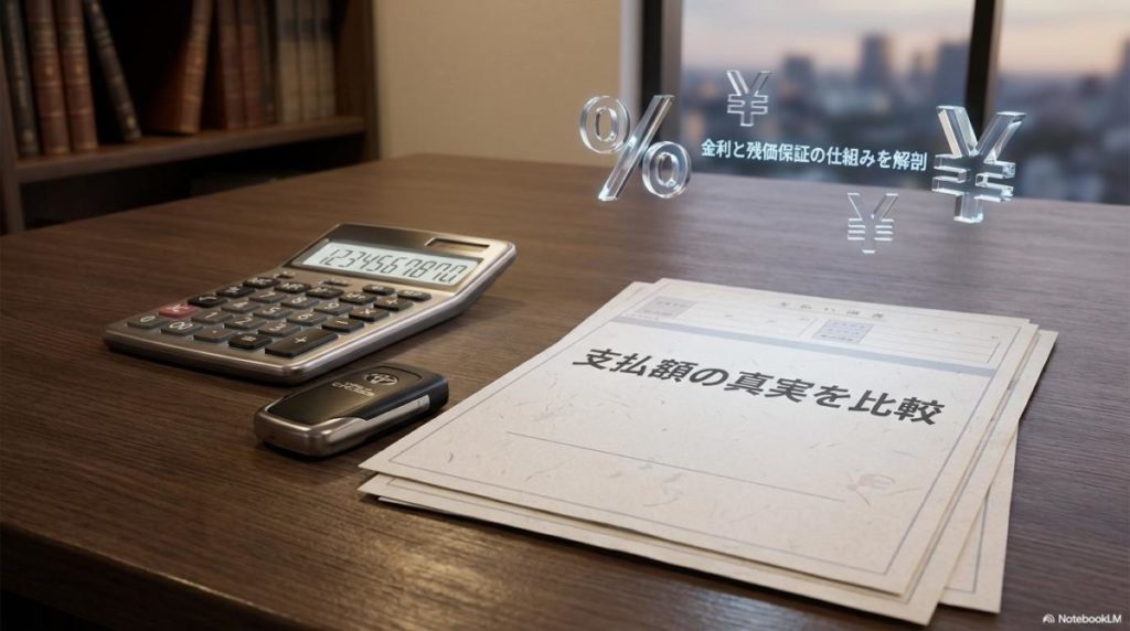 電卓と車の鍵。この記事のテーマである「カローラクロス KINTO 残クレ 違い」において、支払額や金利の仕組みを緻密に分析することを象徴する信頼感のある画像。