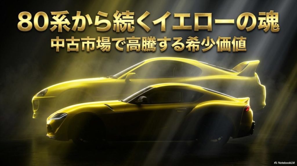 新旧イエロー系スープラのシルエットが重なるイメージ画像。この記事のテーマである「スープラ 黄色」の歴史的価値と、中古市場でのプレミア性を象徴する一枚。