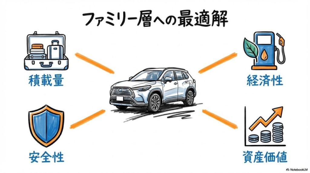 カローラクロスがファミリー世帯に選ばれる理由の図解。維持費・安全・積載のバランスをセンター配置で表現した画像。