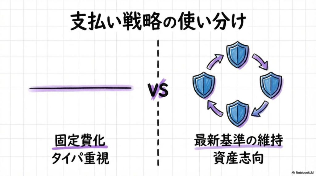 子育て世帯向けの支払い戦略比較図解。KINTOと残クレのそれぞれのメリットをVS図で整理した画像。