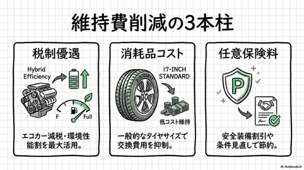 維持費を抑えるSUV選びの3大ポイントの図解。燃費・タイヤ・保険のチェック項目をカード型で整理した画像。