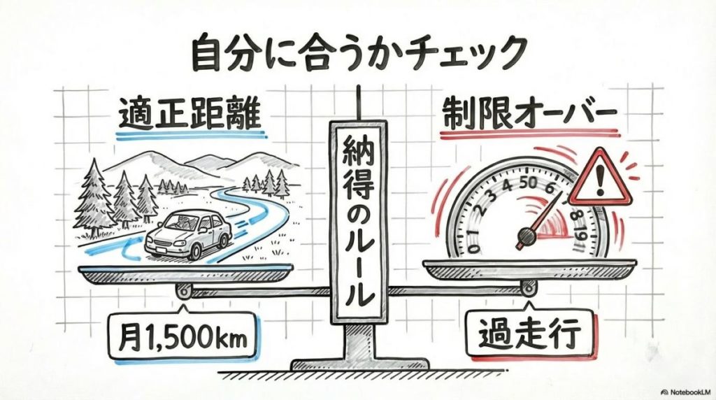走行距離制限の判断基準の図解。ライフスタイルに合うかどうかをVS図で表現した画像。