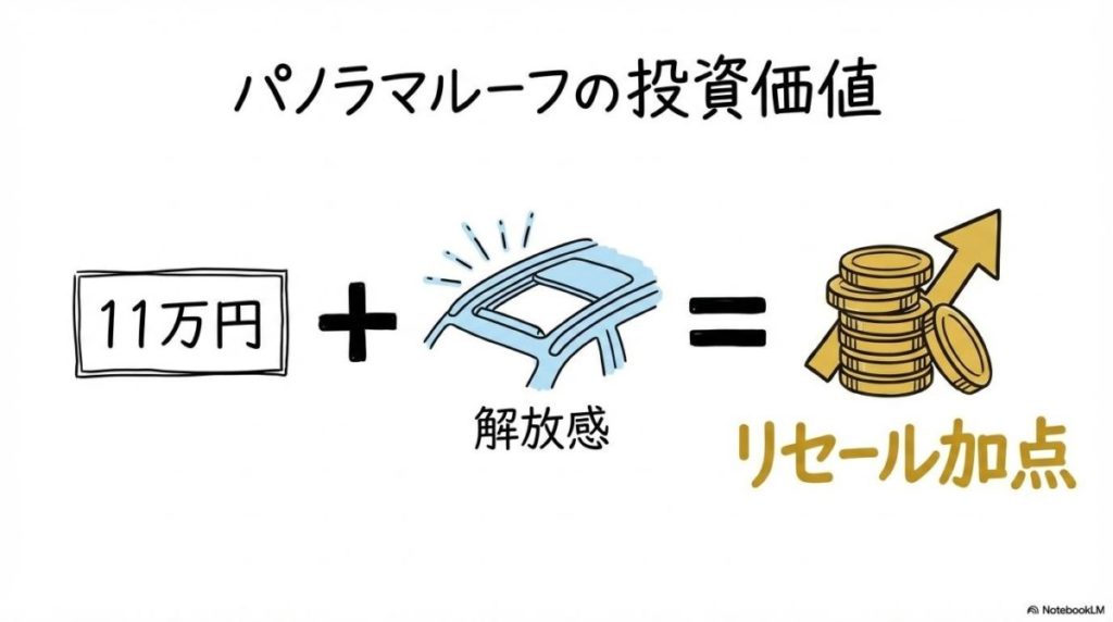 パノラマルーフの投資価値を示す数式図解。装着費用に対するリセールバリューのメリットを表現した画像。