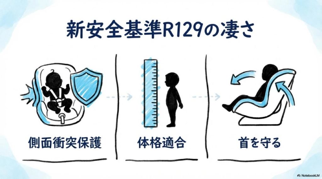 最新安全基準R129のメリットを示す図解。側面衝突への対応や身長基準など、進化した安全性能を整理した画像。