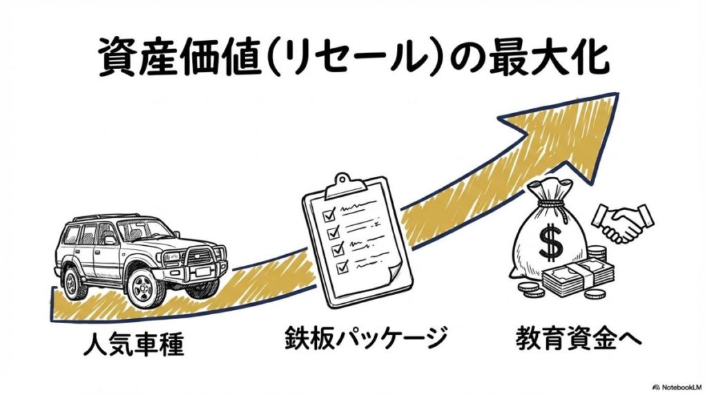 リセールバリューを最大化する戦略の3ステップ図解。将来の売却価格を高めるための選び方を示す画像。