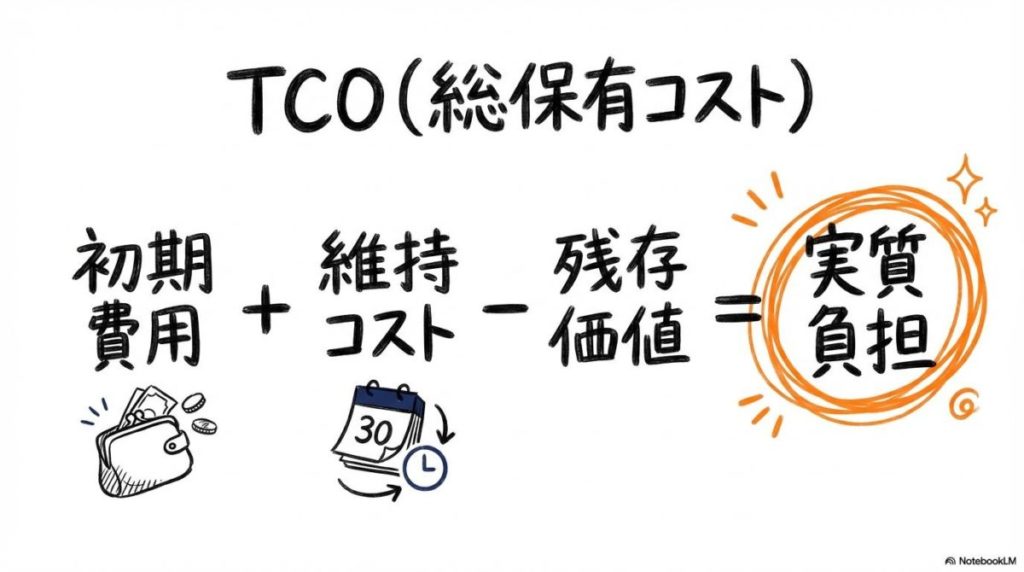 自動車のTCO(総保有コスト)の算出式を示す図解。購入から売却までの全コストを合算する考え方を表現した画像。