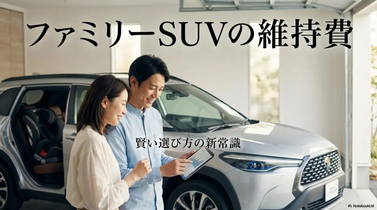 カローラクロスの前で相談する子育て夫婦。この記事のテーマである「子育て ファミリーSUV 維持費」を象徴する、安心感とスマートな選択を感じさせる一枚。