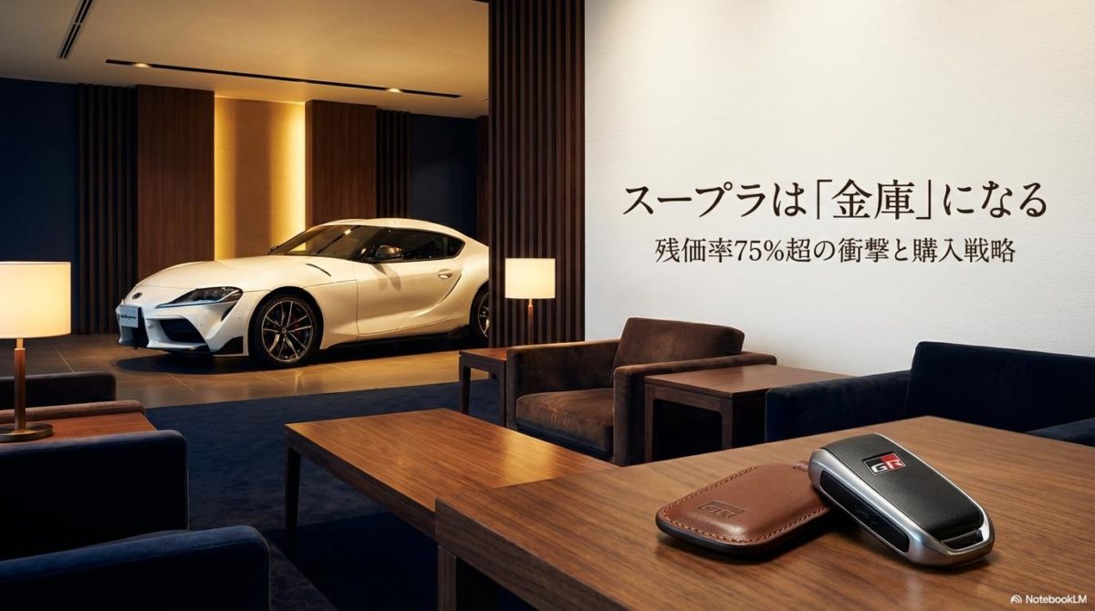 高級感のある空間に置かれたスープラのキーと車両。この記事のテーマである「スープラ リセール」の高さと、資産としての信頼性を象徴する一枚。