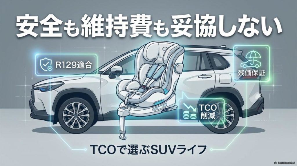 チャイルドシートと安全基準のキーワード。この記事のテーマである「子育て ファミリーSUV 維持費」において、安全性とコストのバランスを視覚化した理知的な画像。