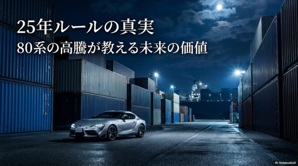 夜の港に佇む新型スープラ。この記事のテーマである「スープラ リセール」に多大な影響を与える25年ルールと、将来の世界市場への流出を想起させる一枚。