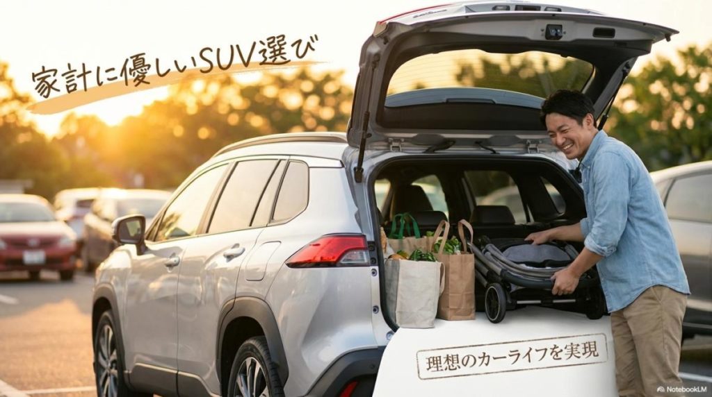SUVの荷室に荷物を積むパパの様子。この記事のテーマである「子育て ファミリーSUV 維持費」を抑えることで、豊かな生活が手に入ることを象徴する温かい一枚。
