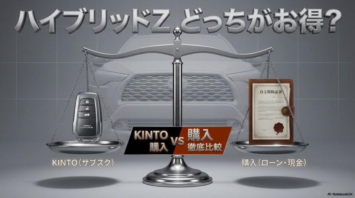 KINTOと購入を天秤にかけた比較図解。この記事のテーマである「カローラクロス KINTO ハイブリッドZ 違い」を視覚化し、最適な選択を促す理知的な一枚。