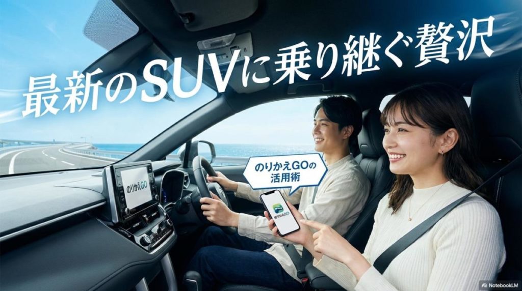 カローラクロスでドライブを楽しむ様子とのりかえGOのイメージ。この記事のテーマである「カローラクロス KINTO ハイブリッドZ 違い」において、柔軟な乗り換えの魅力を象徴する一枚。