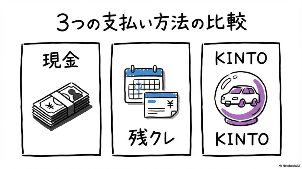 現金・残クレ・KINTOの3つの支払い方法の比較図解。それぞれの特徴と向いている人を、カード型で整理した画像。