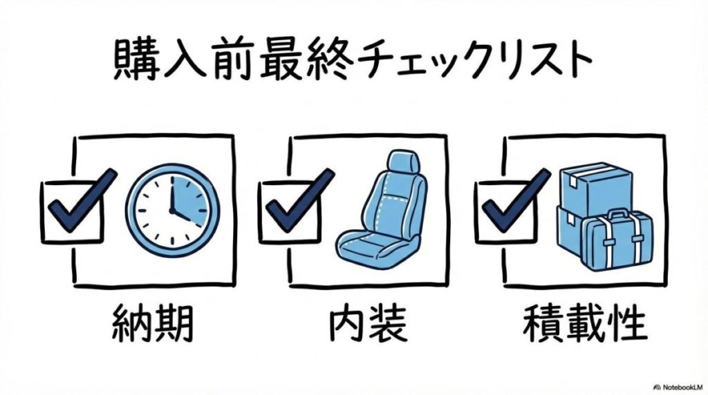 購入前の最終チェックリストの図解。納期、内装、サイズの3つのポイントをステップ形式で表現した画像。