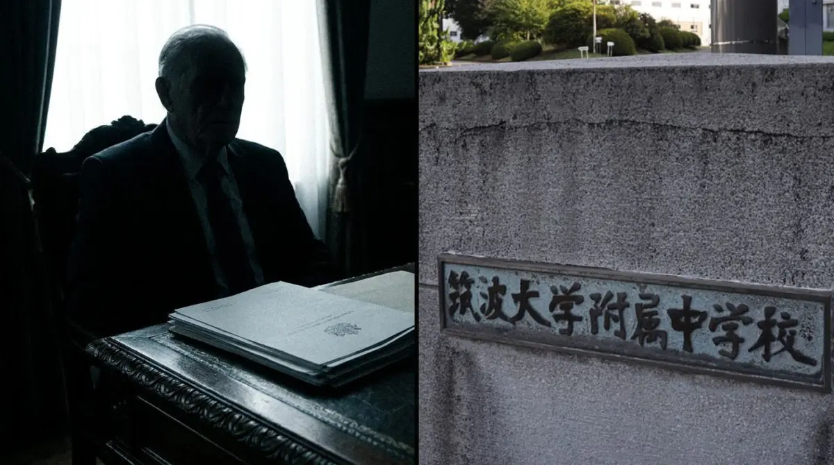 豪華な椅子に座る正体不明の教員と、雨の校門に落ちた適応障害の診断書。この記事のテーマである「筑附中いじめ問題の隠蔽と被害者の絶望」を象徴する対比。