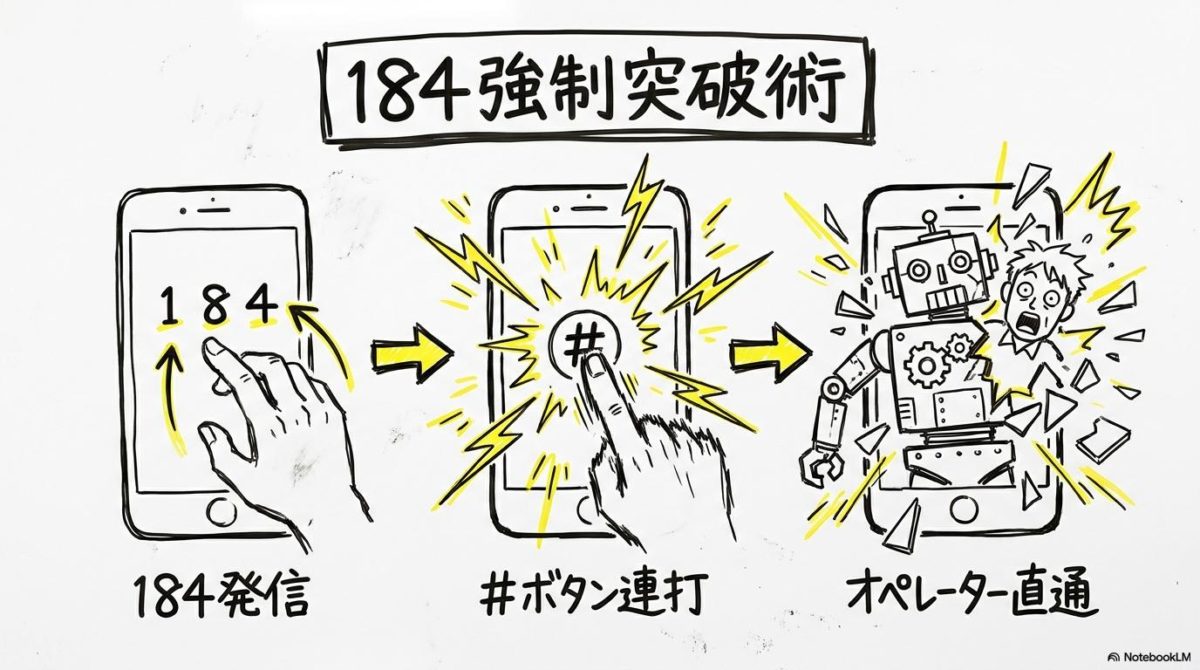 ソフトバンク光の解約電話を強制的にオペレーターへ繋ぐための、184発信と#ボタン連打の3ステップ図解。