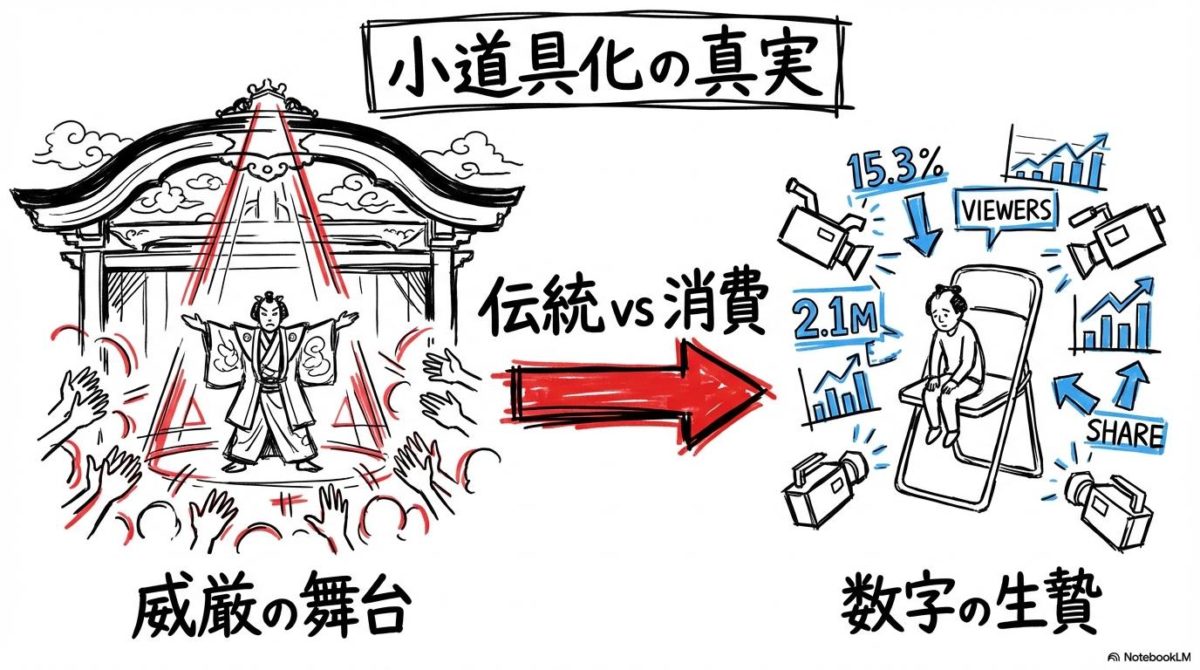 市川團十郎がABEMA「笑わせたら1000万」で完封!だが成田屋は「負け犬」だった?の図解。舞台上の威厳とバラエティでの小道具化の関係性を、VS図で表現した画像。