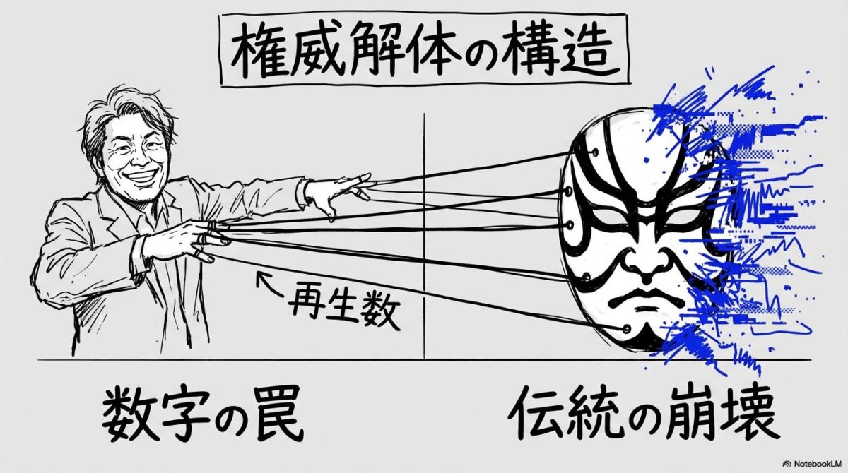 【元凶】市川團十郎と高橋弘樹(ReHacQ)を結ぶ線!伝統を食い物にする「数字の罠」の図解。ネットプロデューサーによる権威解体の仕組みを、スプリットで表現した画像。