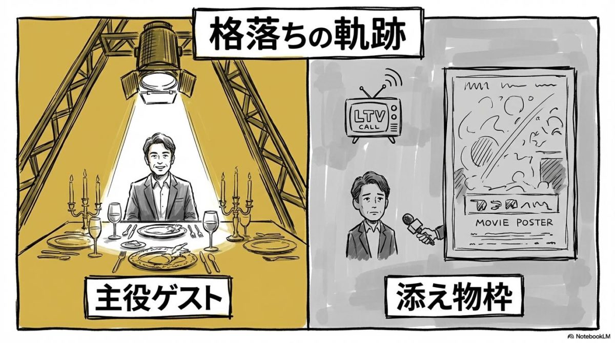 スマスマ時代との絶望的な落差!市川團十郎の「格」はいつから「局販レベル」へ落ちたのかの図解。主役から添え物への変化を、ビフォーアフターで表現した画像。