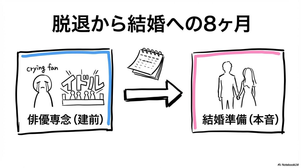 中島裕翔のJUMP脱退と結婚の時系列図解。左側の「俳優専念」という脱退発表から、右側の「結婚」へとわずか8ヶ月で繋がるプロセスをビフォーアフターで表現した画像。