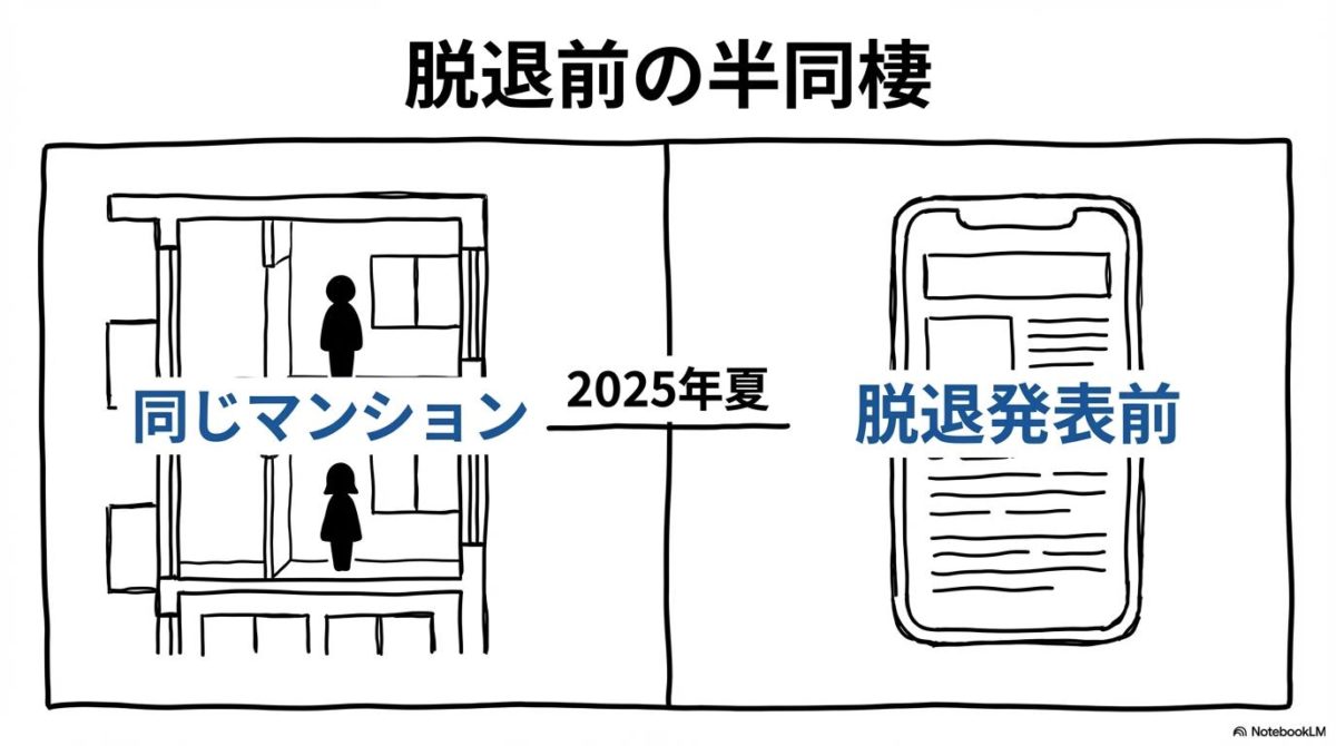 新木優子と中島裕翔のマンション内同棲の図解。左側にマンションの断面図、右側に脱退発表のニュースを配置し、脱退前から交際環境が整っていたことをスプリット構図で表現した画像。