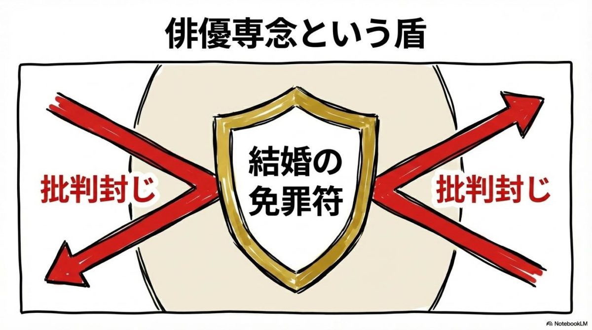 「俳優専念」という言葉が結婚批判を封じる盾として機能したことを示す図解。中央の盾が周囲からの批判を弾く様子をセンター配置で表現した画像。
