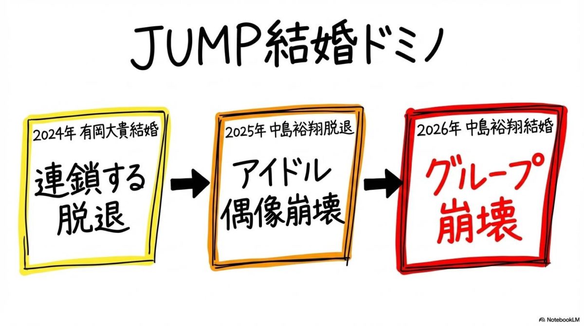 Hey! Say! JUMPの結婚ラッシュと解体危機の図解。有岡から中島へと続く結婚ドミノと、それによるグループ崩壊の予兆を3ステップ図で表現した画像。