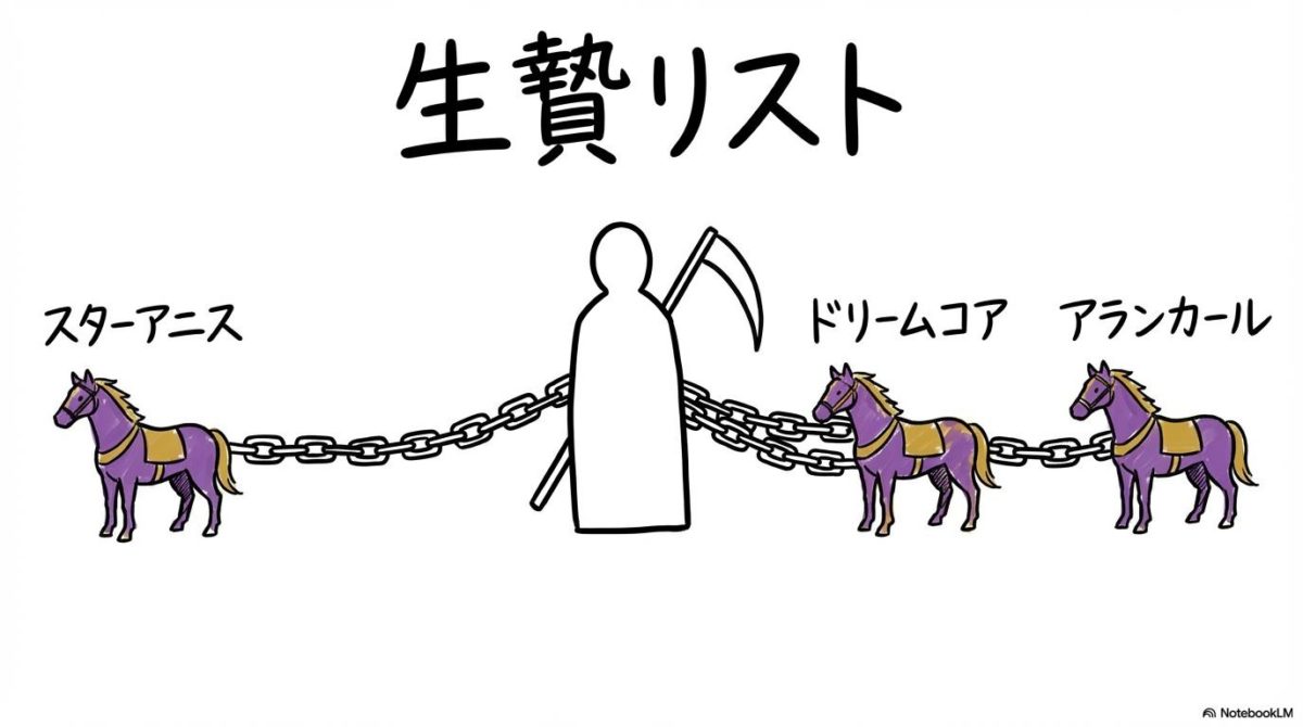 「粗品 桜花賞 2026 生贄リスト」の図解。[中央の要素]を中心に、周りの要素との関係性を[構図名]で表現した画像。