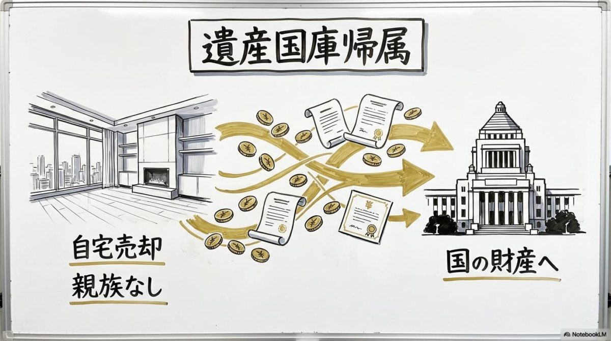 [遺産ニュース]の図解。[左側の自宅売却の現実]と[右側の国庫への帰属]の関係性を、[スプリット構図]で表現した画像。