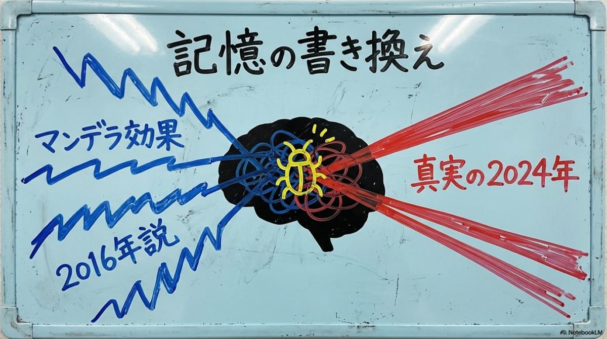 [2016年死去説]の図解。[左側の偽の記憶]と[右側の本当の事実]の関係性を、[VS図]で表現した画像。
