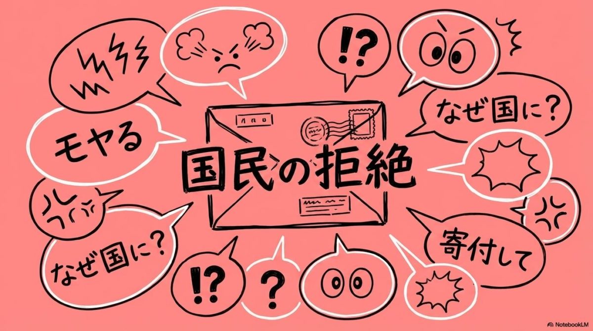[国庫帰属への反応]の図解。[中央の行政決定]と[周囲の国民の声]の関係性を、[センター配置]で表現した画像。