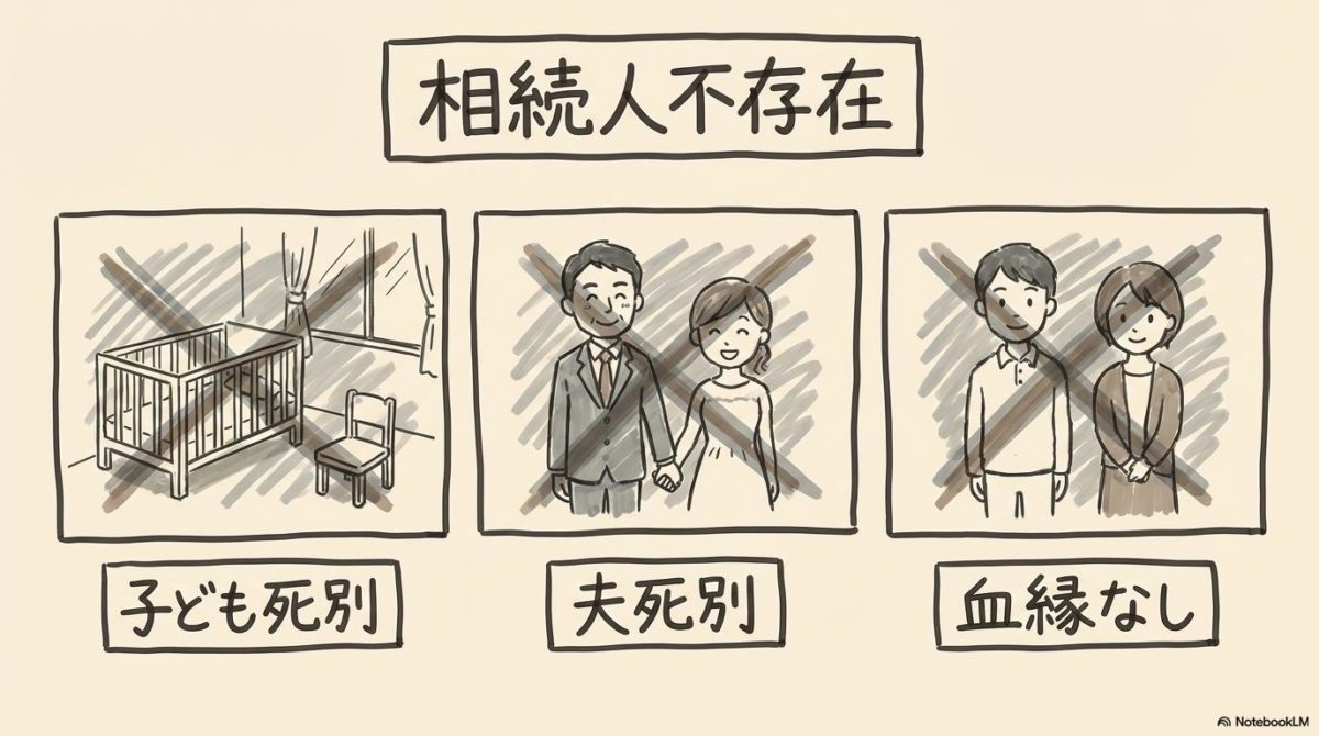 [家系図の真相]の図解。[左の子ども][中央の夫][右の親族]の不在の関係性を、[カード型]で表現した画像。