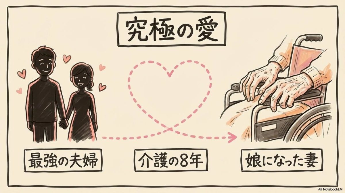 [砂川氏との絆]の図解。[左の若き日]と[右の介護の日々]の変化を、[ビフォーアフター]で表現した画像。