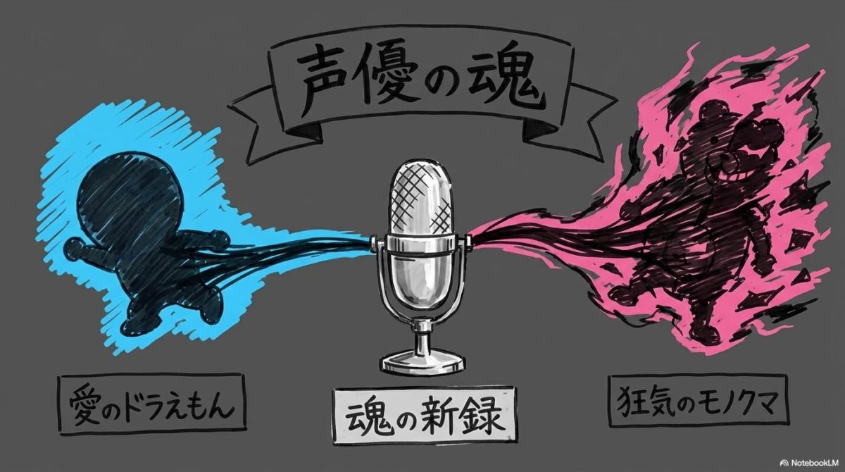 [モノクマ役の執念]の図解。[左のドラえもん]と[右のモノクマ]の二面性の関係性を、[VS図]で表現した画像。