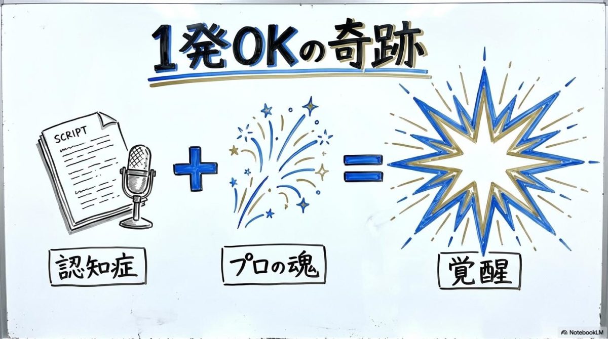 [録音現場の奇跡]の図解。[技術と魂]が[最高の結果]を生む関係性を、[数式図]で表現した画像。
