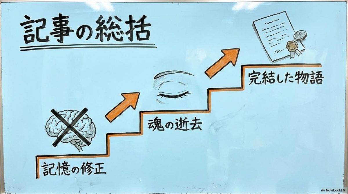[記事の総括]の図解。[過去][現在][未来]の時間軸の整理を、[3ステップ図]で表現した画像。