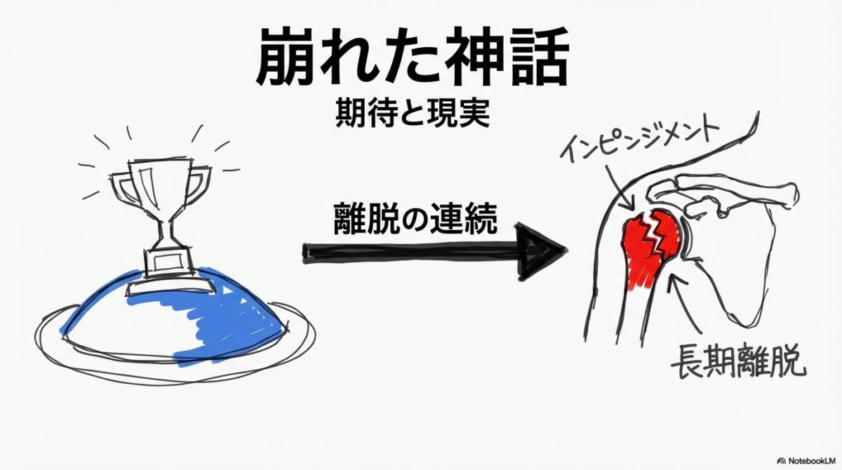[崩れた神話]の図解。左側の完全試合の輝きと右側の故障での苦悩の関係性を、ビフォーアフター（状態変化）で表現した画像。