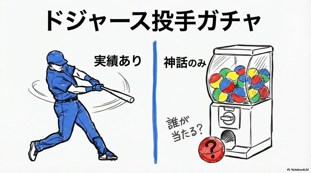 [ドジャース投手ガチャ]の図解。左側の大谷の快挙と右側の投手ガチャの皮肉を、スプリット（左右分割）で表現した画像。
