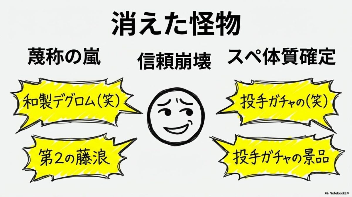 [消えた怪物]の図解。中央の投手アイコンと周囲の罵声の吹き出しの関係性を、センター配置で表現した画像。