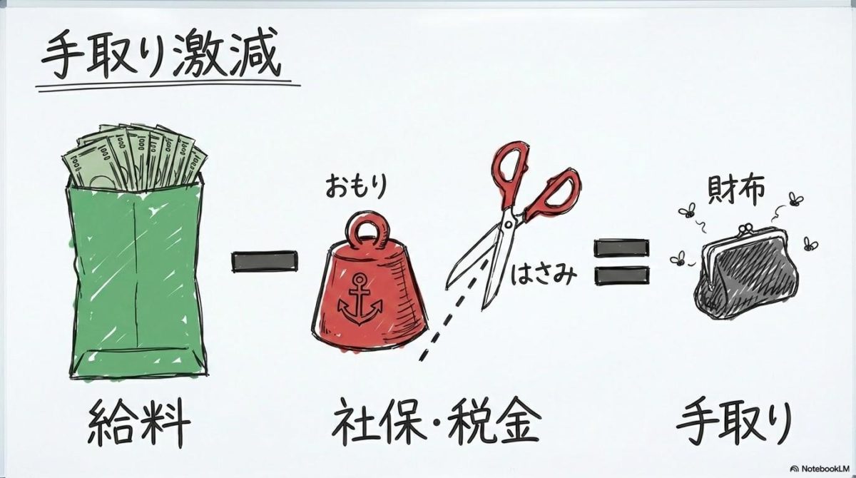 年20万の手取り減少!主婦年金の縮小による「損得」を徹底シミュレーションの図解。給料から社保と税金が引かれる関係性を、数式図で表現した画像。