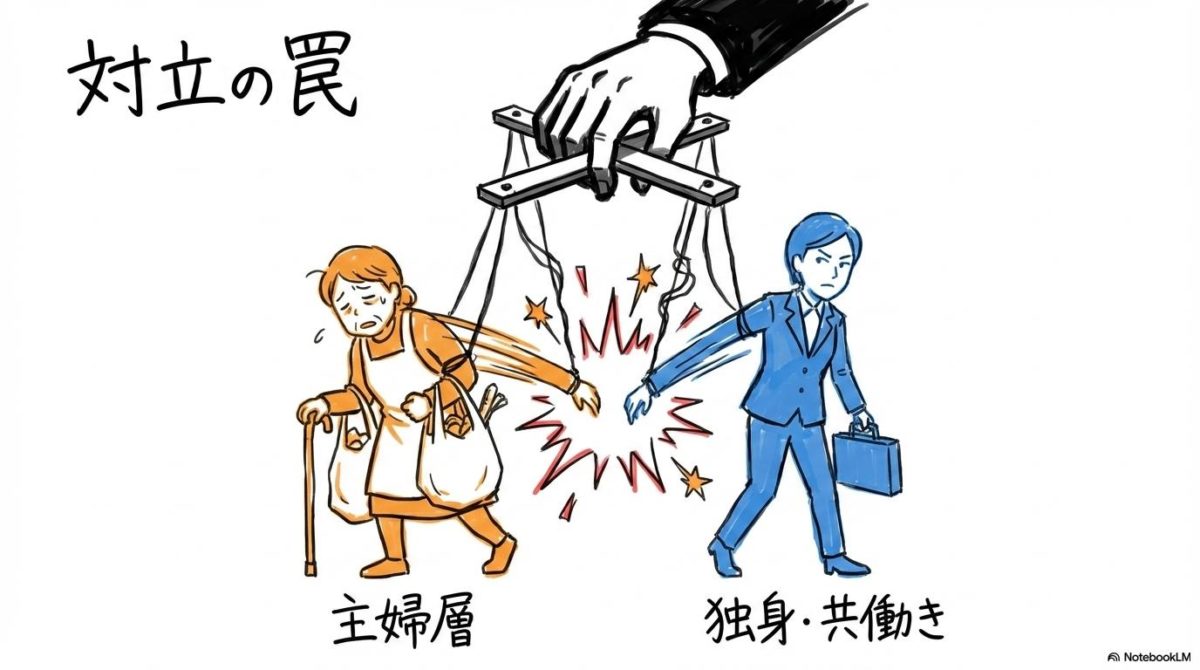 政府の「不公平解消」という嘘を暴く!主婦年金の縮小は単なる生贄探しだの図解。主婦層と独身・共働きの関係性を、VS図(対決)で表現した画像。