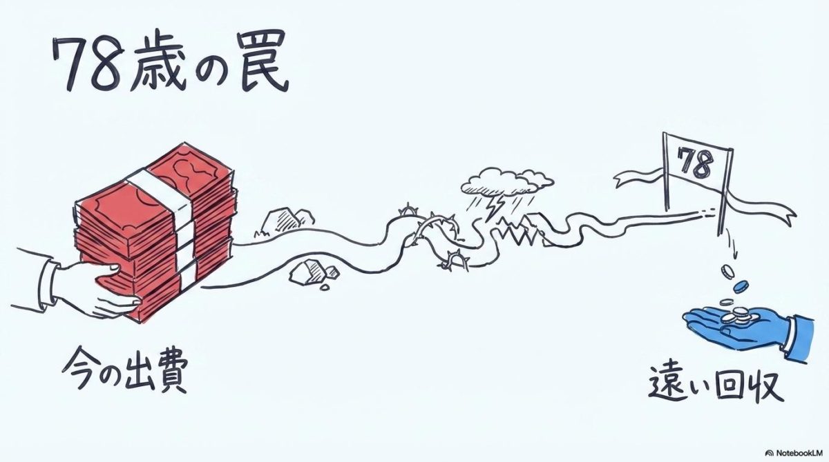 任意加入は本当に得なの?主婦年金縮小後にFPが勧める「78歳で元が取れる」説の罠の図解。今の出費と遠い回収の関係性を、ビフォーアフター(状態変化)で表現した画像。