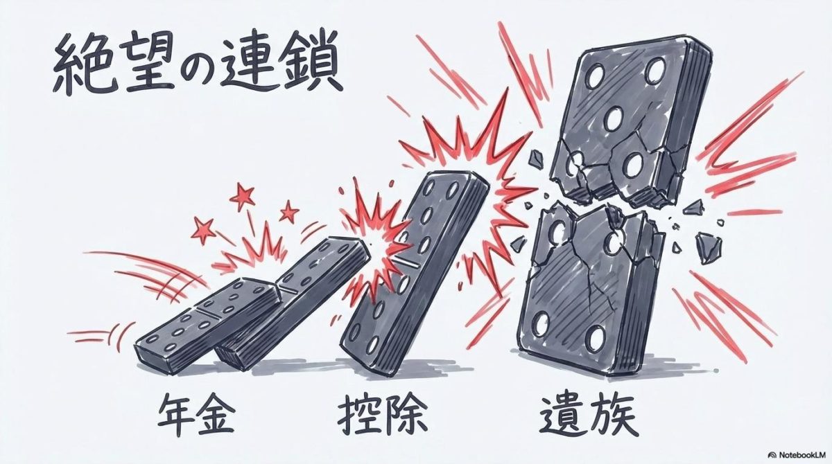 恐怖の連鎖!主婦年金の縮小に続いて配偶者控除や遺族年金も消えていくの図解。年金、控除、遺族年金が削られる関係性を、3ステップ図(ドミノ)で表現した画像。